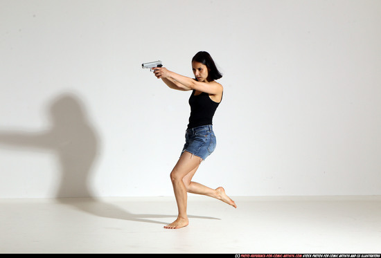 Woman Young Athletic White Fighting with gun Moving poses Casual