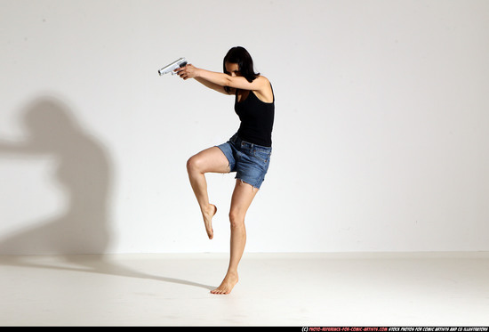 Woman Young Athletic White Fighting with gun Moving poses Casual