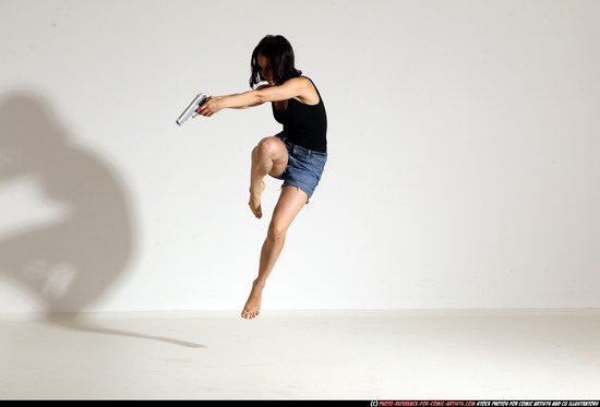 Woman Young Athletic White Fighting with gun Moving poses Casual