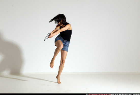 Woman Young Athletic White Fighting with gun Moving poses Casual