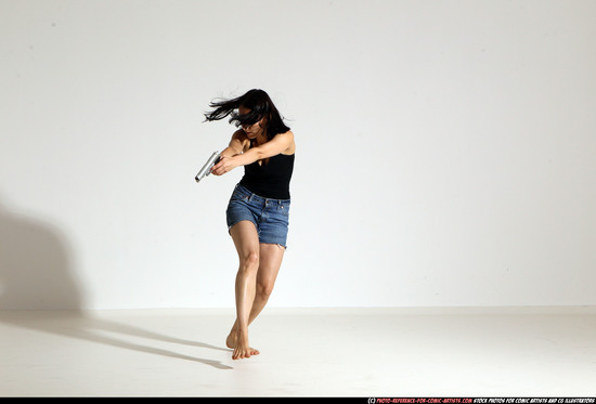 Woman Young Athletic White Fighting with gun Moving poses Casual