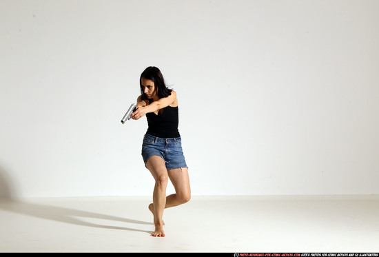 Woman Young Athletic White Fighting with gun Moving poses Casual