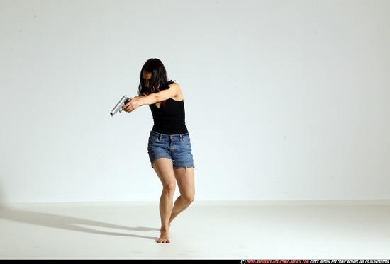 Woman Young Athletic White Fighting with gun Moving poses Casual