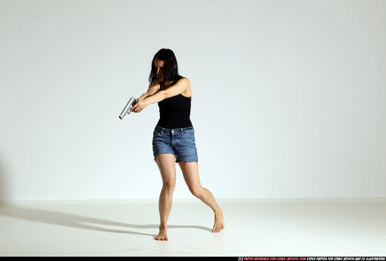 Woman Young Athletic White Fighting with gun Moving poses Casual