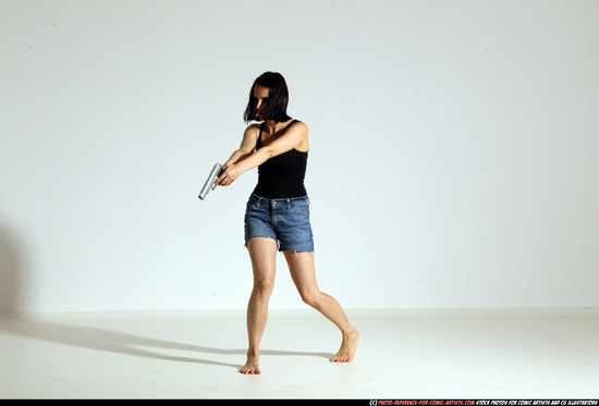 Woman Young Athletic White Fighting with gun Moving poses Casual