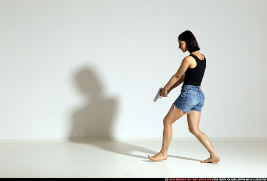 Woman Young Athletic White Fighting with gun Moving poses Casual