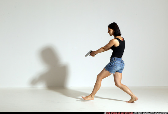 Woman Young Athletic White Fighting with gun Moving poses Casual