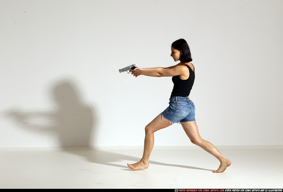 Woman Young Athletic White Fighting with gun Moving poses Casual