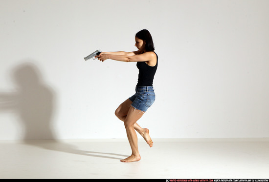 Woman Young Athletic White Fighting with gun Moving poses Casual