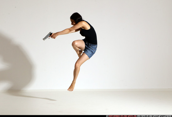 Woman Young Athletic White Fighting with gun Moving poses Casual