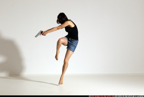 Woman Young Athletic White Fighting with gun Moving poses Casual