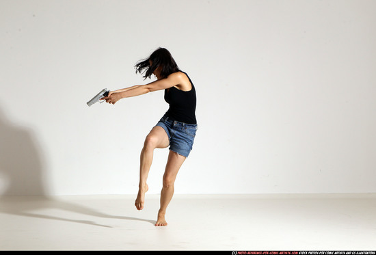 Woman Young Athletic White Fighting with gun Moving poses Casual