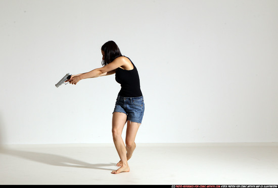 Woman Young Athletic White Fighting with gun Moving poses Casual