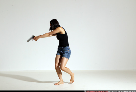 Woman Young Athletic White Fighting with gun Moving poses Casual