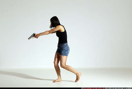 Woman Young Athletic White Fighting with gun Moving poses Casual