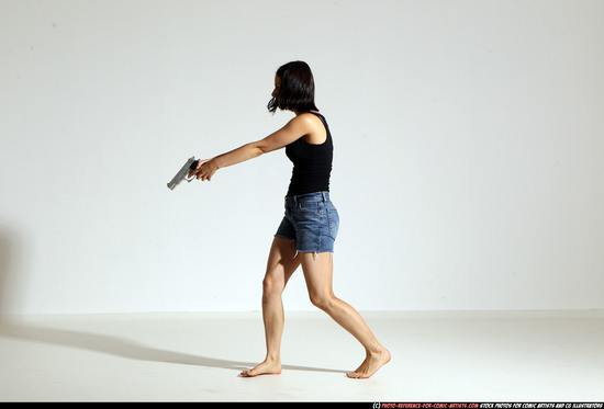 Woman Young Athletic White Fighting with gun Moving poses Casual