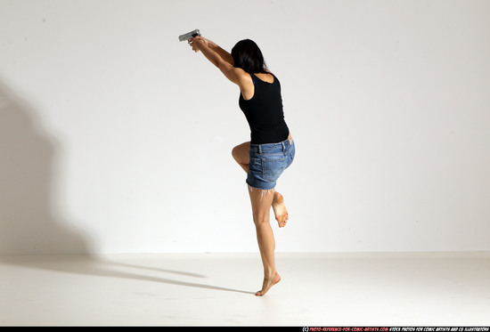 Woman Young Athletic White Fighting with gun Moving poses Casual