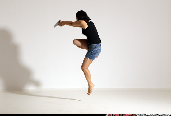 Woman Young Athletic White Fighting with gun Moving poses Casual