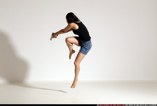 Woman Young Athletic White Fighting with gun Moving poses Casual