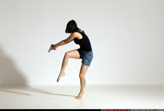 Woman Young Athletic White Fighting with gun Moving poses Casual