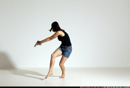 Woman Young Athletic White Fighting with gun Moving poses Casual