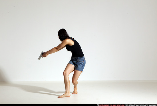 Woman Young Athletic White Fighting with gun Moving poses Casual