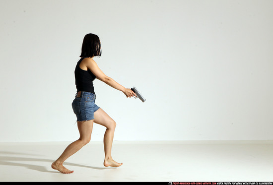 Woman Young Athletic White Fighting with gun Moving poses Casual