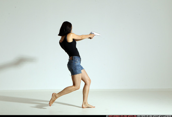 Woman Young Athletic White Fighting with gun Moving poses Casual