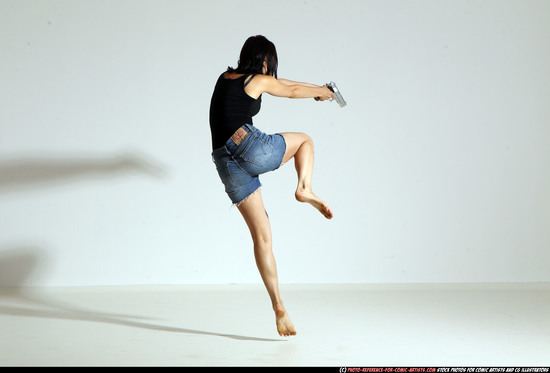 Woman Young Athletic White Fighting with gun Moving poses Casual