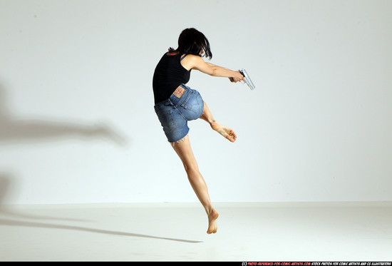 Woman Young Athletic White Fighting with gun Moving poses Casual