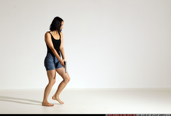 Woman Young Athletic White Fighting with gun Moving poses Casual