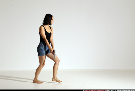 Woman Young Athletic White Fighting with gun Moving poses Casual