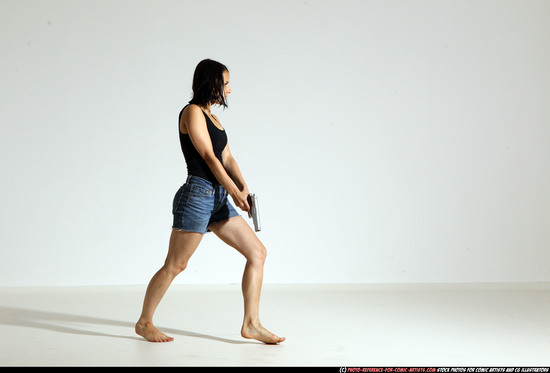 Woman Young Athletic White Fighting with gun Moving poses Casual