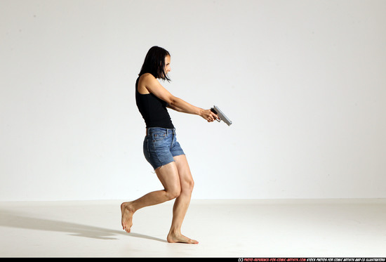 Woman Young Athletic White Fighting with gun Moving poses Casual