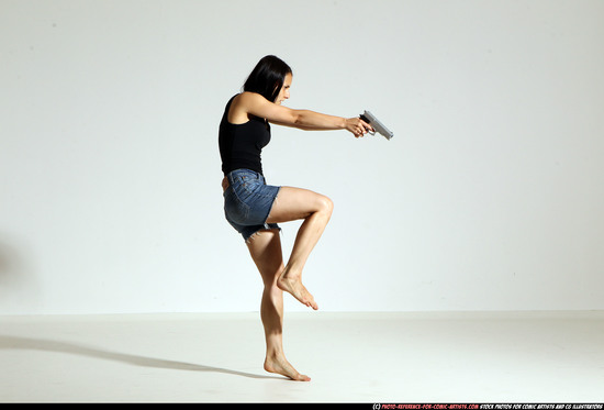 Woman Young Athletic White Fighting with gun Moving poses Casual