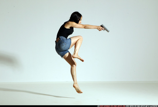 Woman Young Athletic White Fighting with gun Moving poses Casual