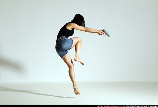 Woman Young Athletic White Fighting with gun Moving poses Casual