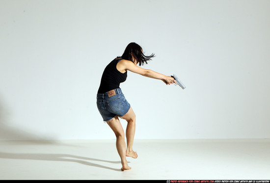 Woman Young Athletic White Fighting with gun Moving poses Casual