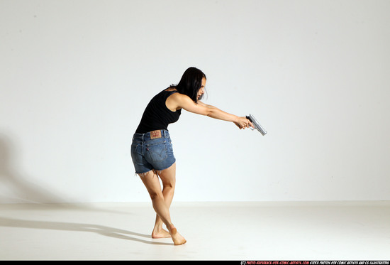 Woman Young Athletic White Fighting with gun Moving poses Casual