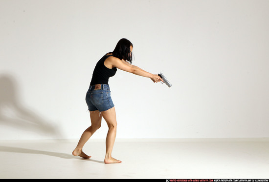 Woman Young Athletic White Fighting with gun Moving poses Casual