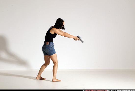 Woman Young Athletic White Fighting with gun Moving poses Casual