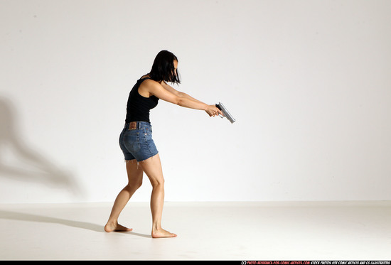 Woman Young Athletic White Fighting with gun Moving poses Casual