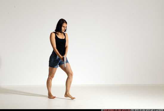 Woman Young Athletic White Fighting with gun Moving poses Casual