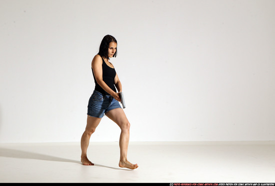 Woman Young Athletic White Fighting with gun Moving poses Casual