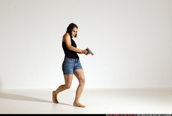 Woman Young Athletic White Fighting with gun Moving poses Casual