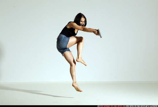 Woman Young Athletic White Fighting with gun Moving poses Casual