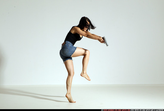 Woman Young Athletic White Fighting with gun Moving poses Casual