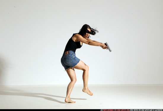 Woman Young Athletic White Fighting with gun Moving poses Casual