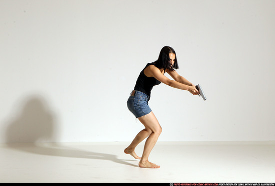 Woman Young Athletic White Fighting with gun Moving poses Casual