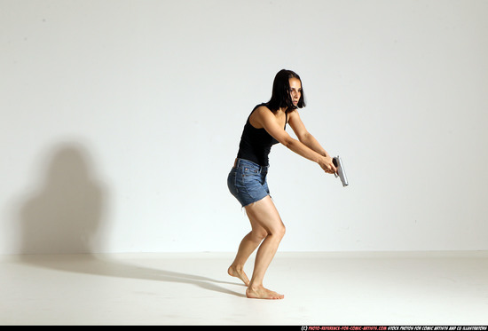 Woman Young Athletic White Fighting with gun Moving poses Casual